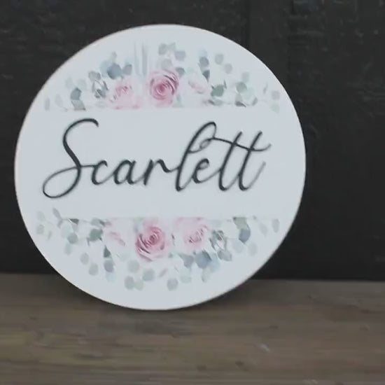 Custom Nursery Sign: Round Wood Name Sign, Floral Baby Girl Decor