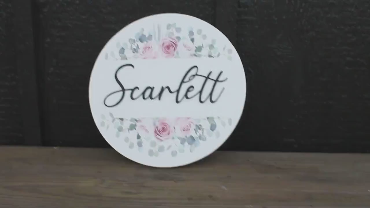 Custom Nursery Sign: Round Wood Name Sign, Floral Baby Girl Decor