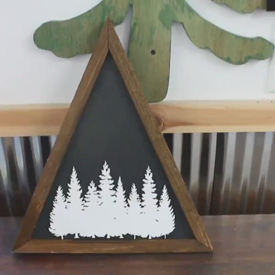 Triangle Tree Silhouette Sign Forest Wall Hanging Pine Wilderness Boho Decor Rustic Art Raised Image Brown Frame Christmas Winter