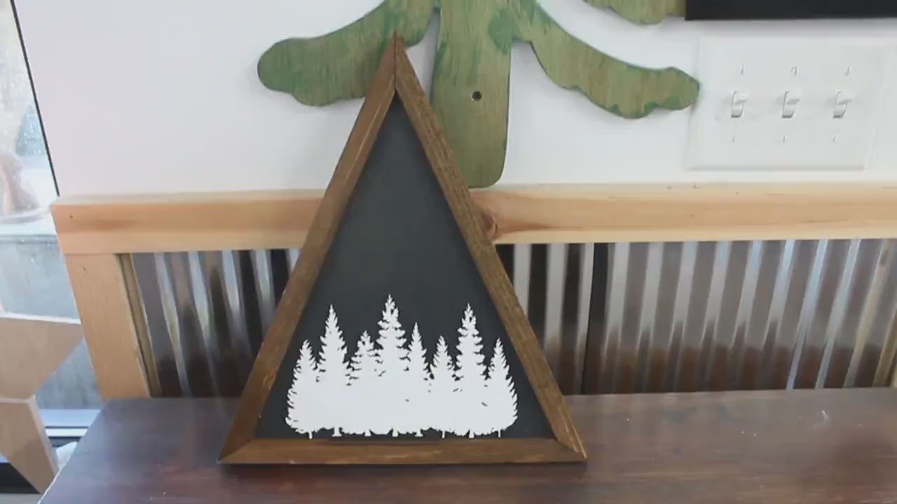 Triangle Tree Silhouette Sign Forest Wall Hanging Pine Wilderness Boho Decor Rustic Art Raised Image Brown Frame Christmas Winter