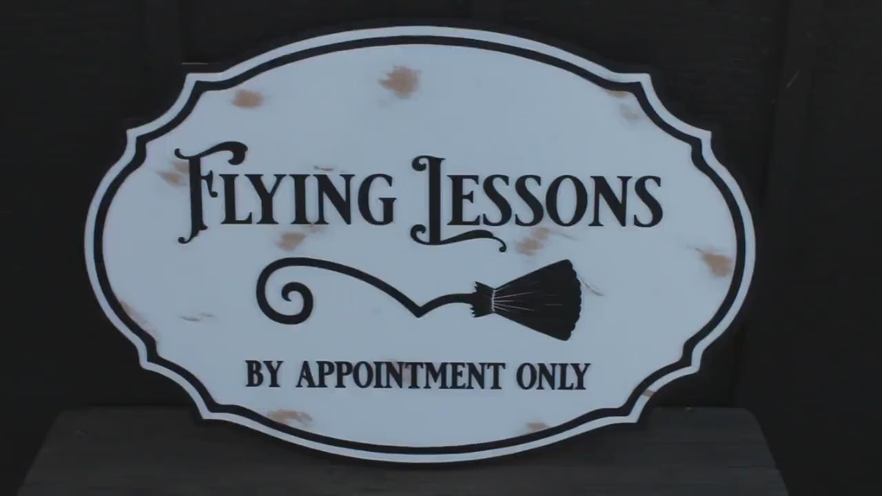 Raised 3D Wood Flying Lessons Sign • Witchy Halloween Decor • Custom Wooden Broomstick Sign • Spooky Vintage Wall Accent
