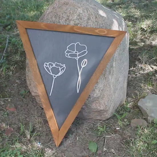 Floral Line Art Triangle Sign: Minimalist Wood Framed Decor