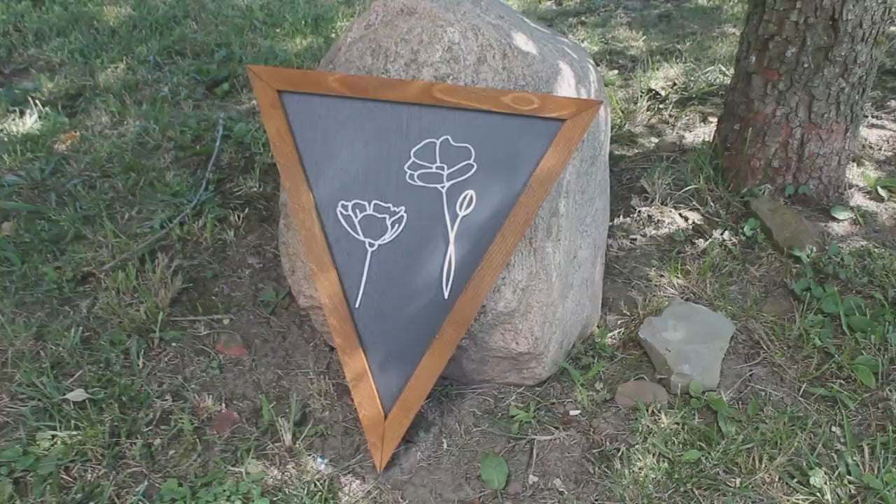 Floral Line Art Triangle Sign: Minimalist Wood Framed Decor