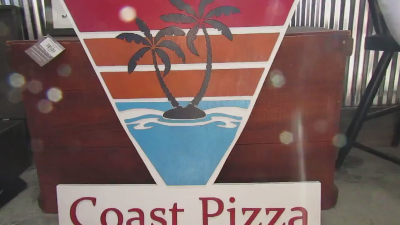 Custom Wood Business Sign: Pizza, Palm Tree, Fast Food Logo