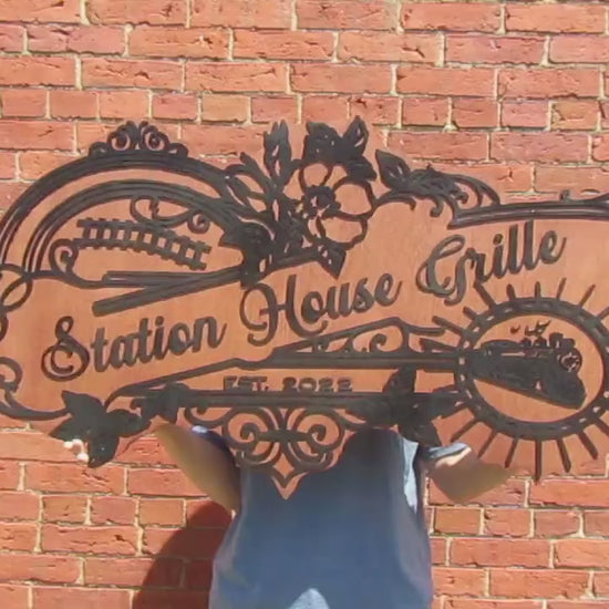 Custom Business Sign Restaurant Grille Commerical Small Business We Use Your Actual Graphic Train Station Wood Laser Cut Out 3D Extra Large