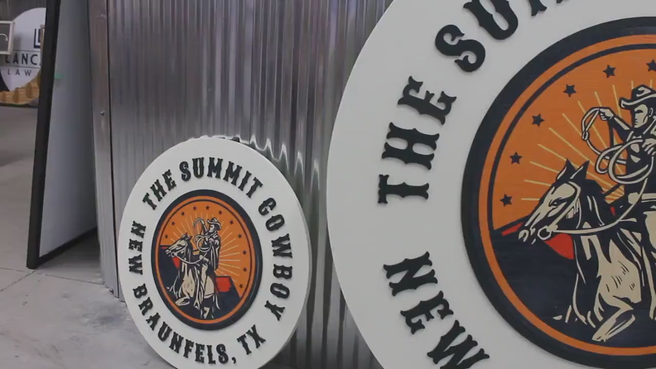 Cowboy Western Country Rope Texas Handmade Logo Custom Round Sign Printed and Raised Letters Laser Cut Personalized Commerical Signage