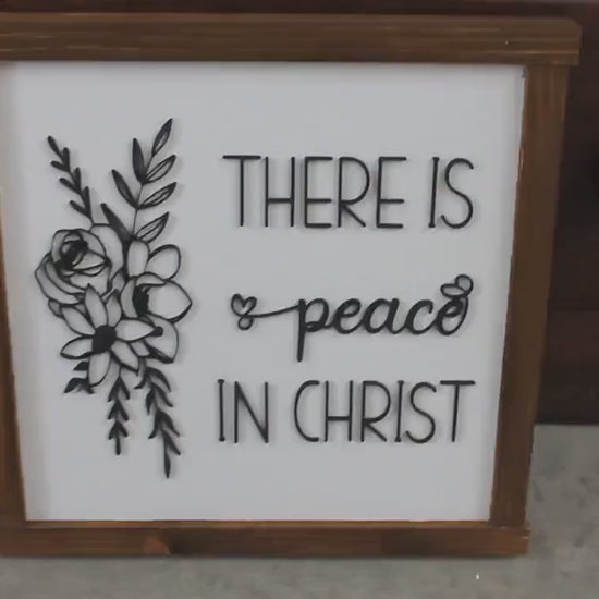 Peace in Christ Floral Laurel Faith Jesus Bible Verse Christian Comfort Flower Square Small Rustic Wood Sign 3D Lettering Framed Decor