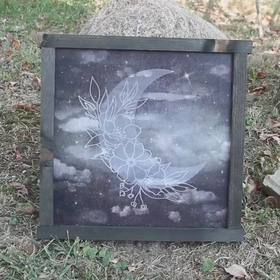 Moon Flower Laurel Cloud Night Cloudy Stormy Stars Printed Celestial Handmade Wall Art