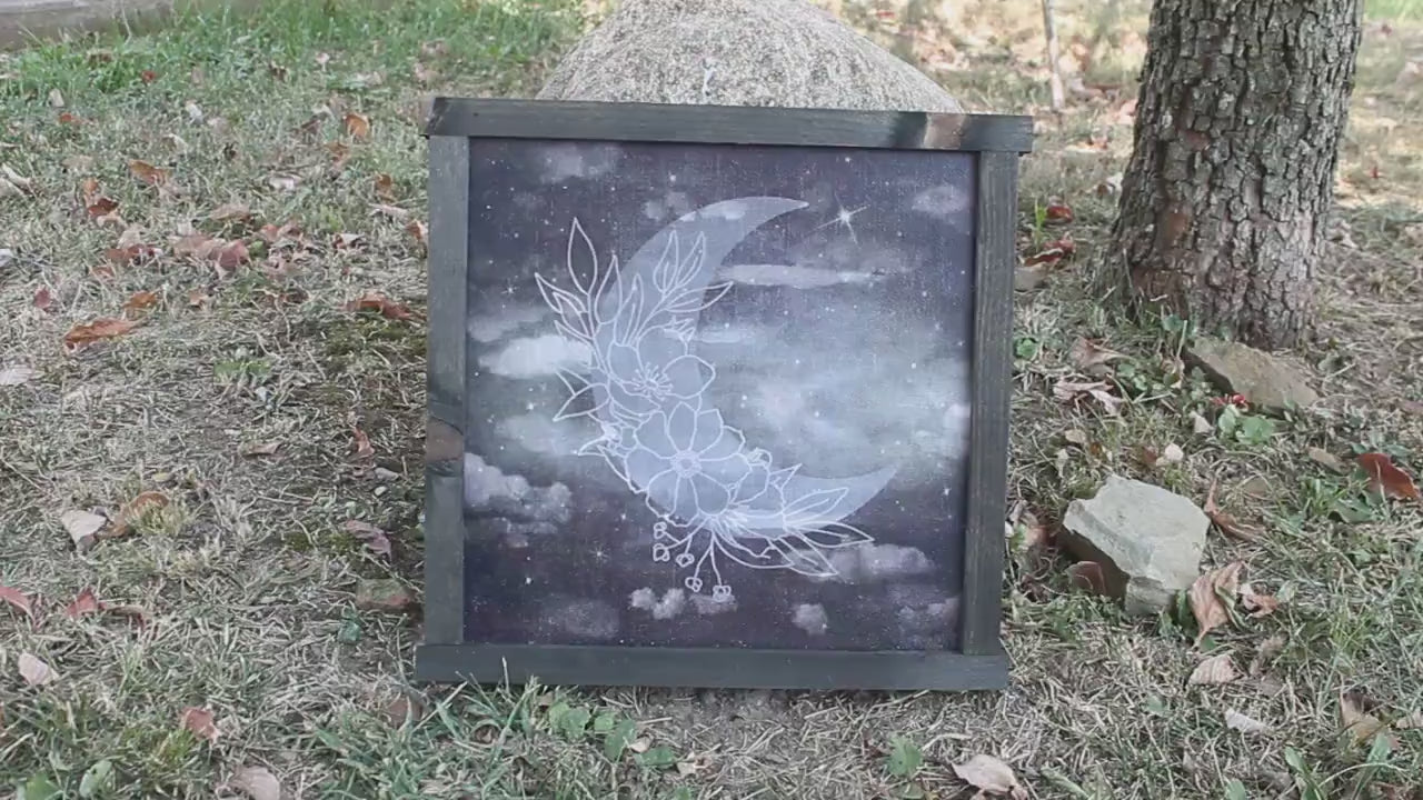 Moon Flower Laurel Cloud Night Cloudy Stormy Stars Printed Celestial Handmade Wall Art