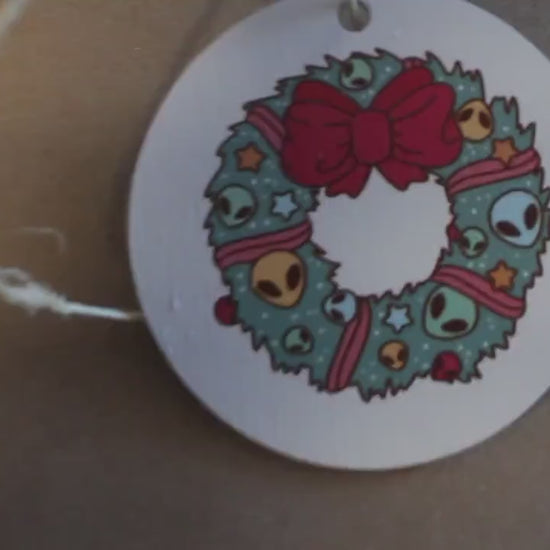 Extraterrestrial Alien Wreath Santa Christmas Cryptic Ornament Collector Mythical Printed Keychain Giftable Gift for Him Gift for her Wooden