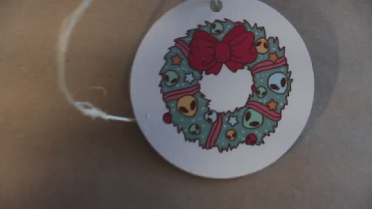 Extraterrestrial Alien Wreath Santa Christmas Cryptic Ornament Collector Mythical Printed Keychain Giftable Gift for Him Gift for her Wooden