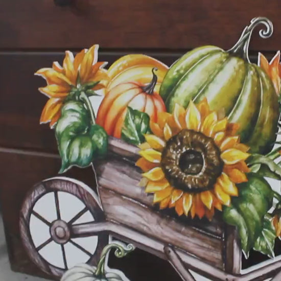 Harvest Pumpkin Porch Decor Farmstand Sunflower Cart Gift Gourd Fall Autumn Wheel Barrel Printed Flower Bed Decoration Orange Green Rustic