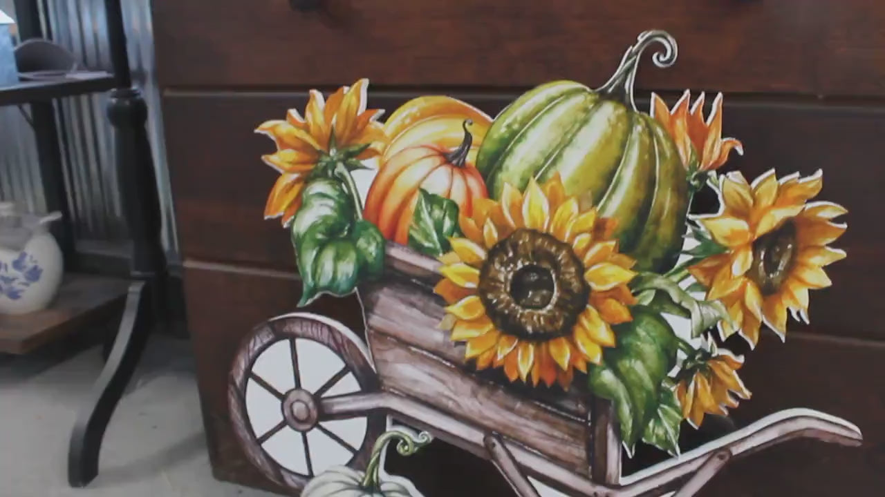 Harvest Pumpkin Porch Decor Farmstand Sunflower Cart Gift Gourd Fall Autumn Wheel Barrel Printed Flower Bed Decoration Orange Green Rustic