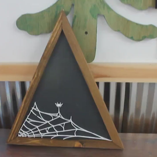 Web Spider Goth Arachnid Triangle Hanging Spider Art Decor Wooden Sign Halloween Farmhouse Scary Sign Fireplace Shelf Sitter Framed Black