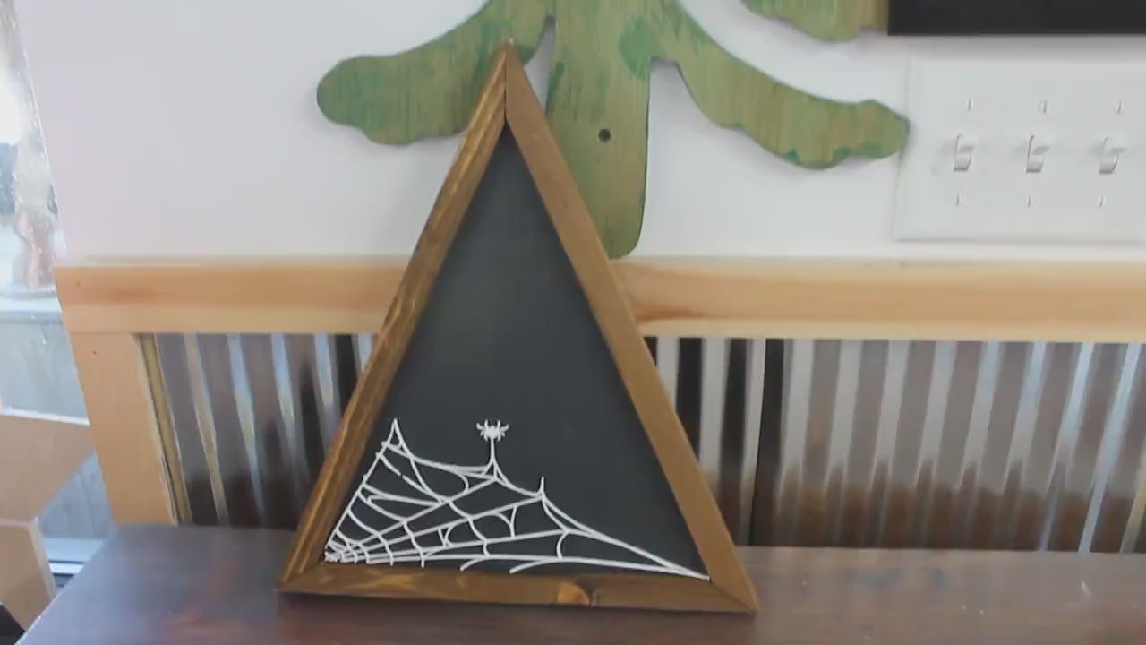 Web Spider Goth Arachnid Triangle Hanging Spider Art Decor Wooden Sign Halloween Farmhouse Scary Sign Fireplace Shelf Sitter Framed Black