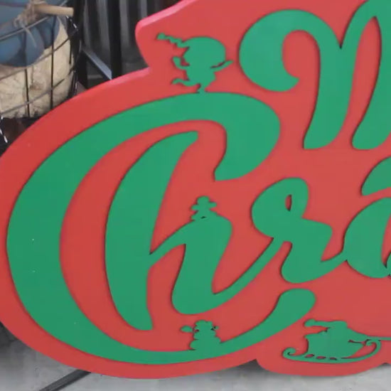 Handmade Merry Christmas Wooden Sign: Santa, Elf, Reindeer Decor (24x48 inches)