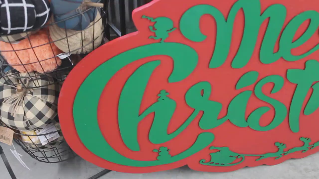 Handmade Merry Christmas Wooden Sign: Santa, Elf, Reindeer Decor (24x48 inches)