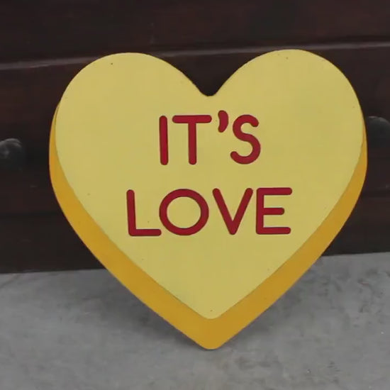 Wood Its Love Yellow Candy Conversation Heart Cutout Valentines Day Gift Photography Prop Handmade Homedecor Raised 3D Sign Wall Art