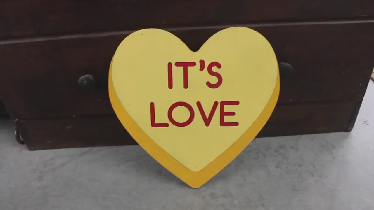 Wood Its Love Yellow Candy Conversation Heart Cutout Valentines Day Gift Photography Prop Handmade Homedecor Raised 3D Sign Wall Art