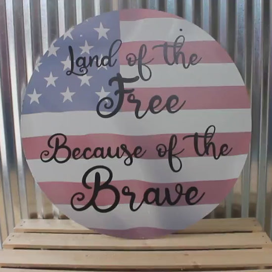 Home of the Free Because of the Brave American Flag Wall Hanger Wreath Sign Door Hanger Round Front Door Entry Way Decor Plaque Wood Print