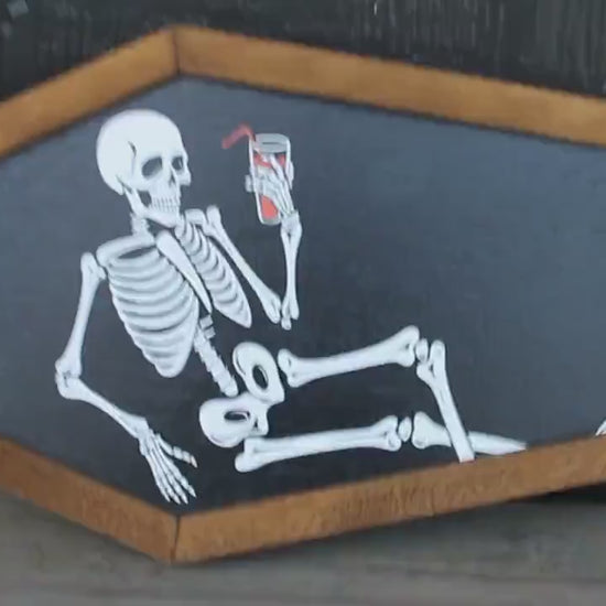 Skeleton in a Coffin Drinking Halloween Lounging Spooky Porch Prop Wooden Decor Fall Decoration Sign Haunted Grave Yard Theme Wall Hanging