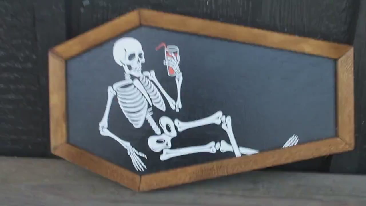 Skeleton in a Coffin Drinking Halloween Lounging Spooky Porch Prop Wooden Decor Fall Decoration Sign Haunted Grave Yard Theme Wall Hanging