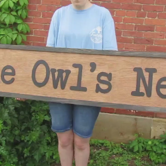 Oversized Large Custom Wooden Sign The Owls Nest Outdoors Commerical Professional Signage Personalized Typewriter Font Bird Handmade 3D