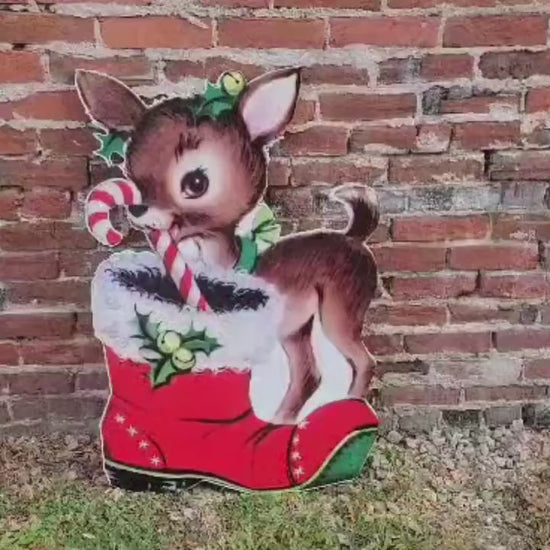 Large Vintage Christmas Printed Wood Sign • Retro Reindeer Stocking Art • Nostalgic Holiday Wall Decor