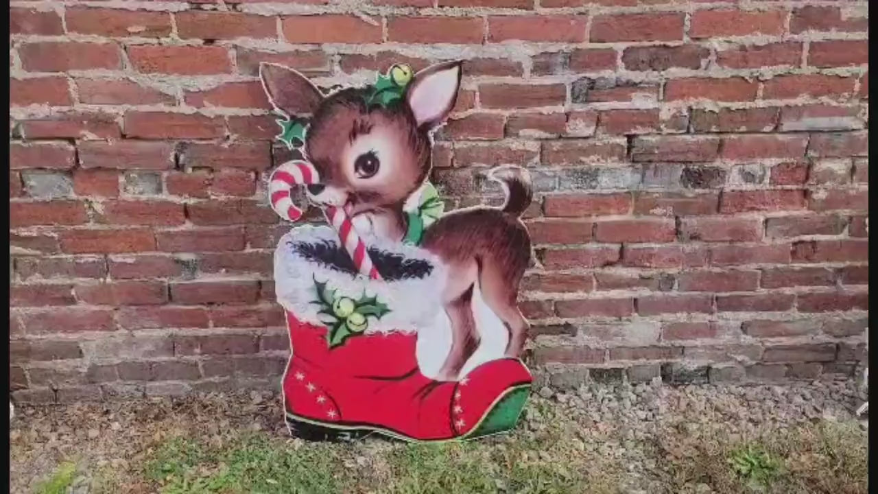 Large Vintage Christmas Printed Wood Sign • Retro Reindeer Stocking Art • Nostalgic Holiday Wall Decor