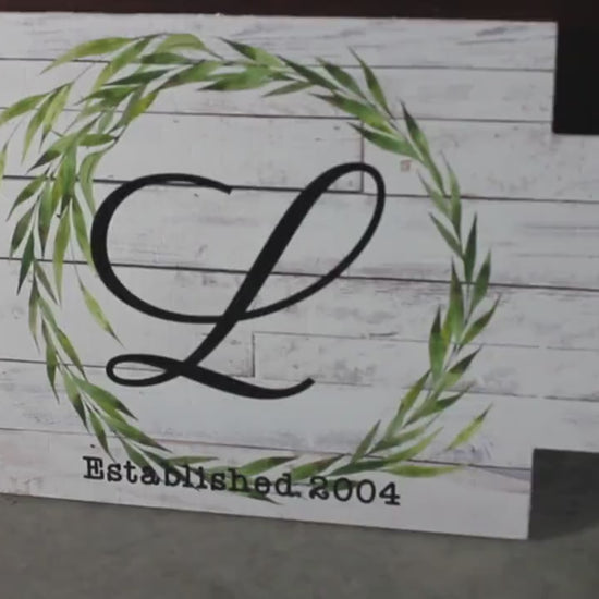 Wreath Pallet Monogram Wood grain Established Gift Wedding Anniversary Letter Last Name rustic White Wood Printed Personalized Wall Art