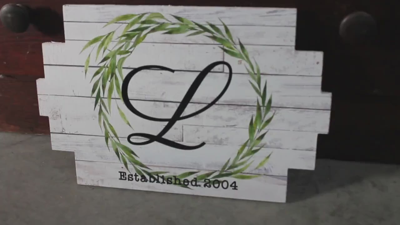 Wreath Pallet Monogram Wood grain Established Gift Wedding Anniversary Letter Last Name rustic White Wood Printed Personalized Wall Art