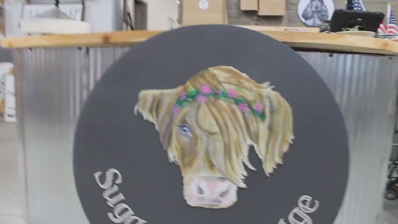 Custom Highland Cow Business Sign: Handmade Wooden Logo
