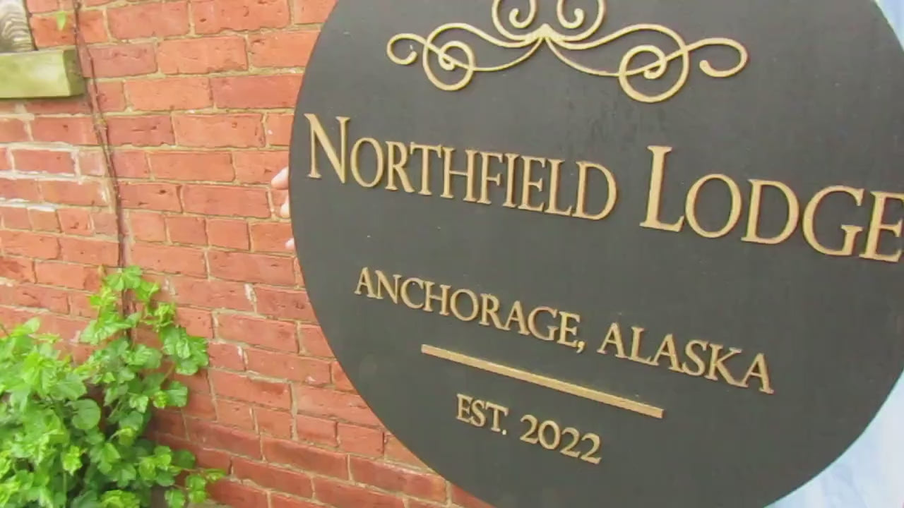 Round Lodge Sign Established Ship to Alaska Black Gold Victorian Scroll Custom Handmade Wooden Sign Raised Text 3D Vacation Outdoor Indoor