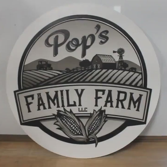 Family Farm Corn Barn Homestead Pops Giftable Country Tractor Black and White Printed and 3D Custom Sign Round Made to Order Wooden Handmade