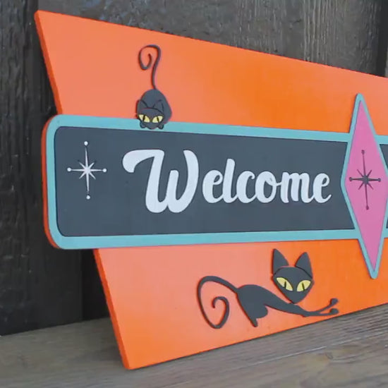 MCM Welcome Wood Sign: Retro Atomic Cat Handmade Decor