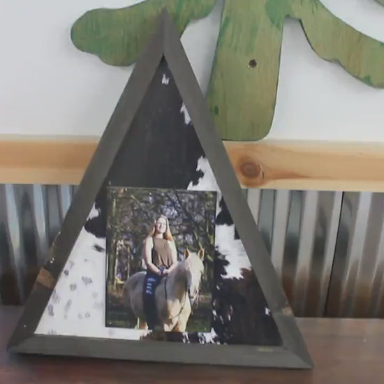 Triangle Custom Photo Sign with Cow Hyde Print Your Photo Personalized Western Cowboy Boho Wood Decoration Raised Senior Photo