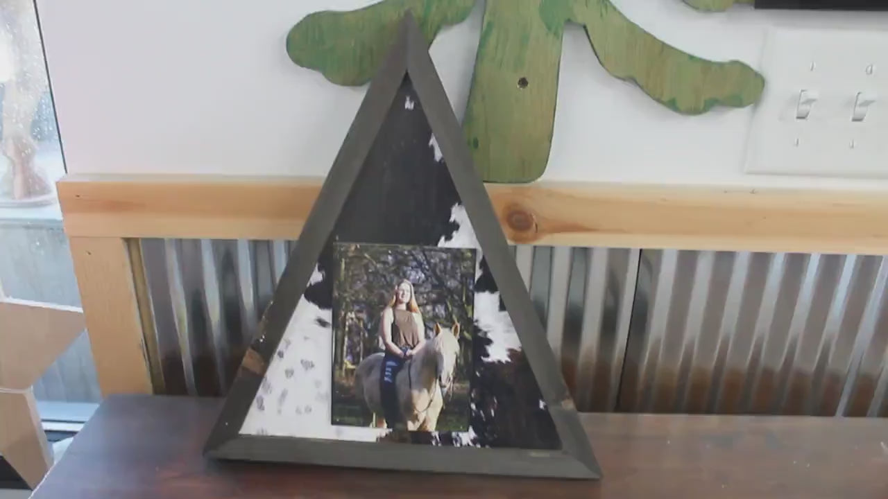 Triangle Custom Photo Sign with Cow Hyde Print Your Photo Personalized Western Cowboy Boho Wood Decoration Raised Senior Photo