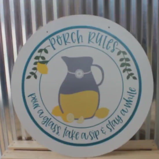 Porch Rules Lemonade Pitcher Pour a glass take a sip Stay awhile Wood Door Hanger Round Front Door Entryway Decor Plaque Wall Art Wood Print