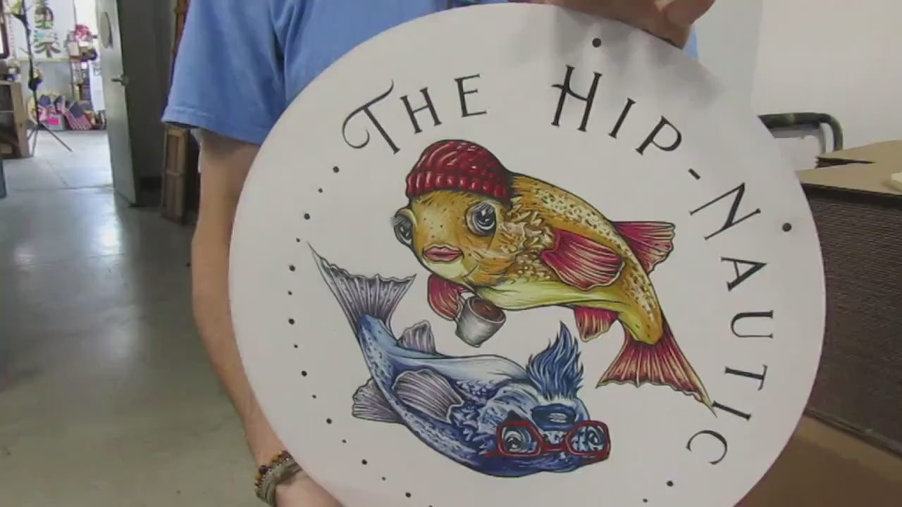 The Hip Nautic Goldfish Color Printed On Wood Logo Customized Personalized Nautical Professional Commerical Signage Lightweight Wood Sign