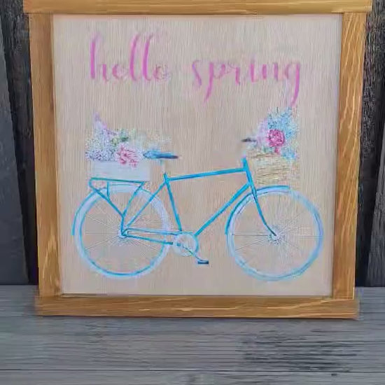 Hello Spring Bicycle Art: Colorful Flowers, Farmhouse Wood Sign