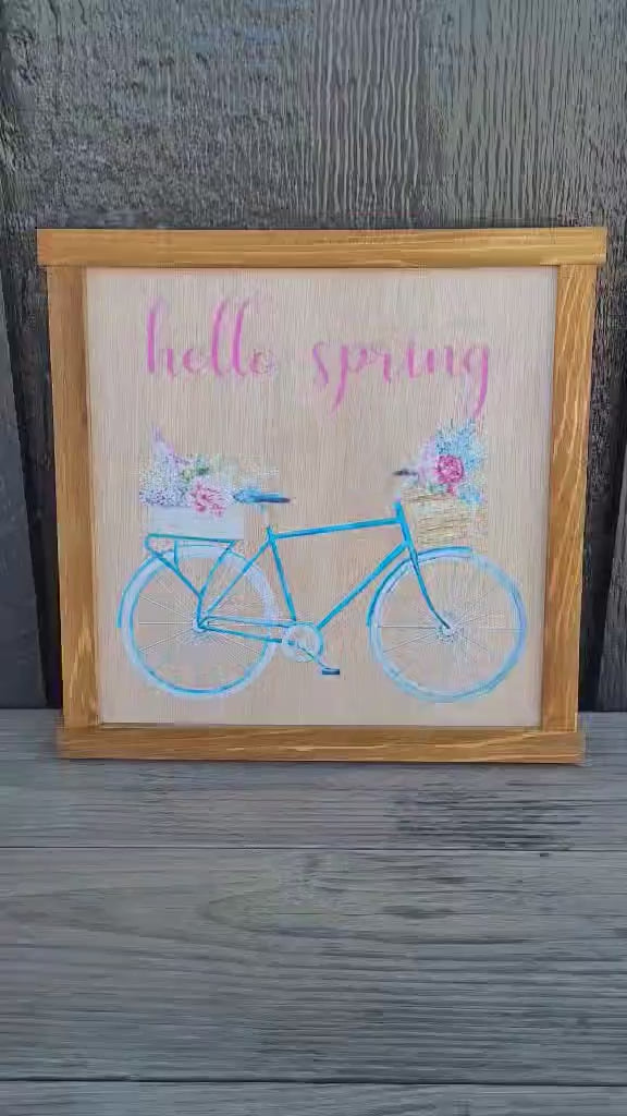 Hello Spring Bicycle Art: Colorful Flowers, Farmhouse Wood Sign