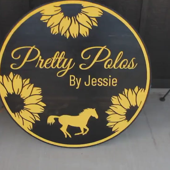 Custom Business Logo Sign: Engraved Horse & Sunflowers Design