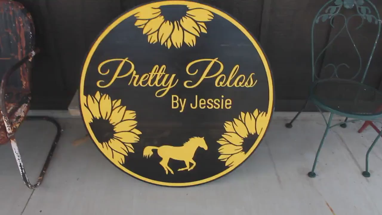Custom Business Logo Sign: Engraved Horse & Sunflowers Design