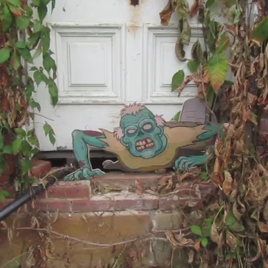 Zombie crawling from the ground scary happy Halloween yard decor great for trick or treat wood sign